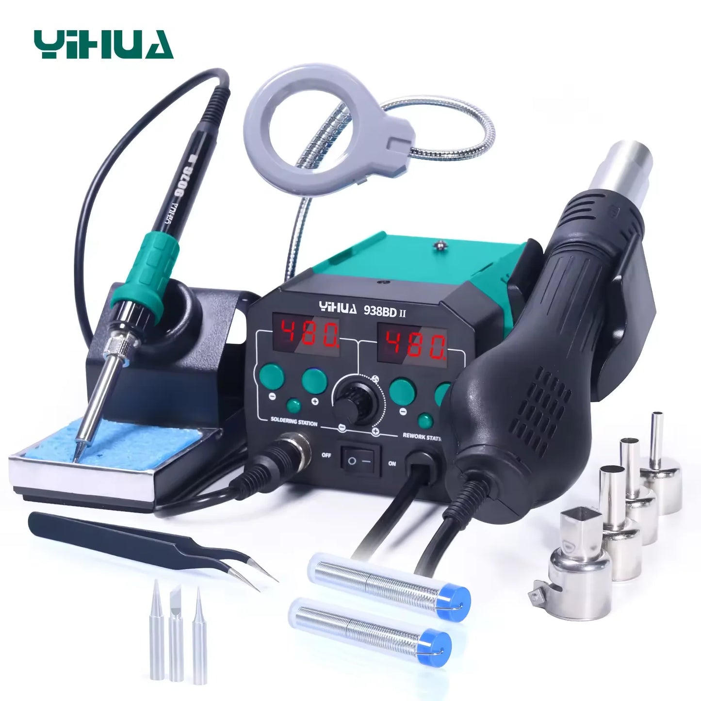 YIHUA 938BD-II 740W 2 in1 Soldering station with Hot Air handle And Soldering iron BGA Rework StationDesoldering Station LED Lam