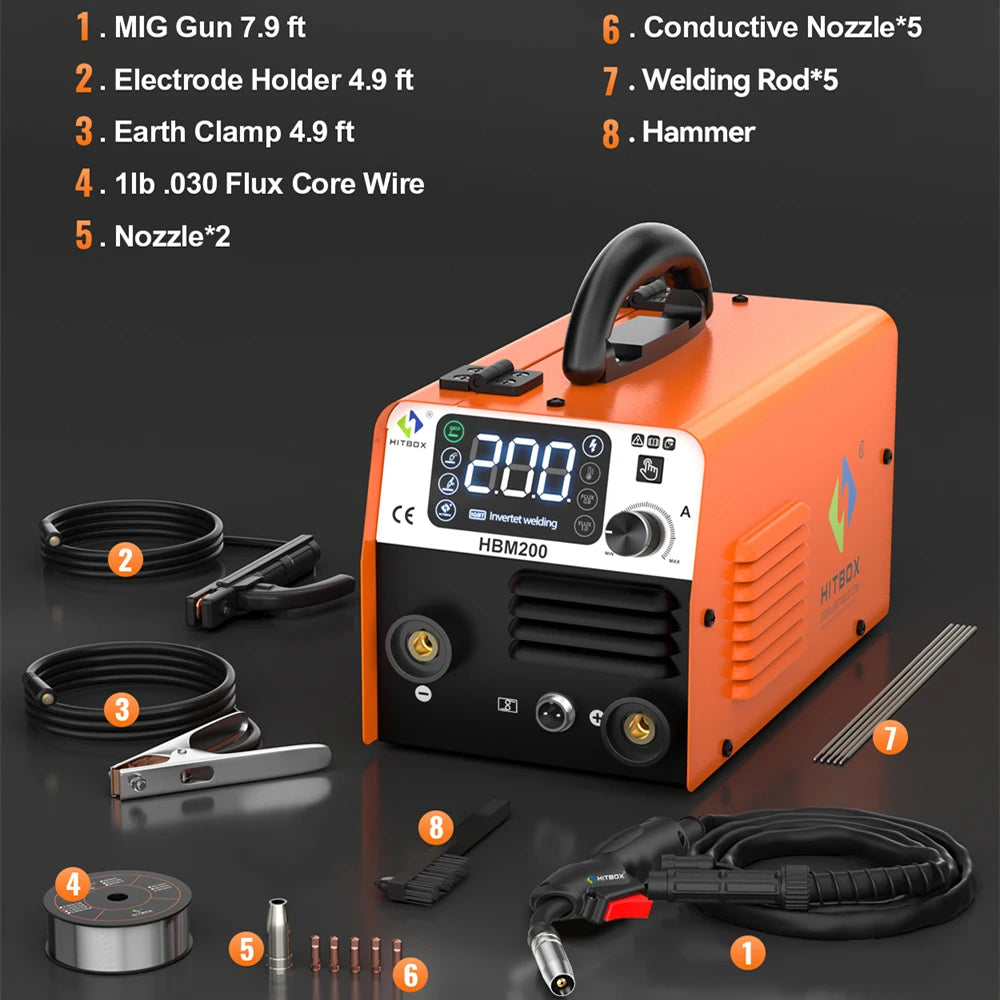 HITBOX Non Gas Semi-automatic Welding Machine 3 in 1 MIG/LIFT TIG/MMA Inverter Welder Synergy Tool For Gasless Soldering HBM200