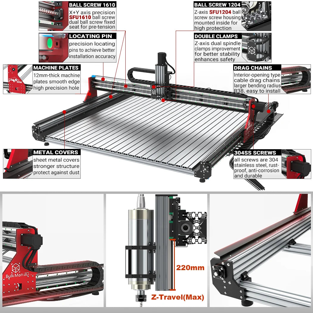 BulkMan3D OXMAN CNC Router Kit SFU1610 Ball Screw Dual Linear Rails 4-Axis Industrial Engraver for Metal Wood Acrylic Cutting