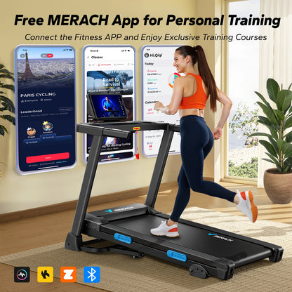 MERACH Foldable Treadmill T12 Incline Quiet Treadmills Double Deck Technology 4 Silicone Shock Cushion Heart Rate Monitoring
