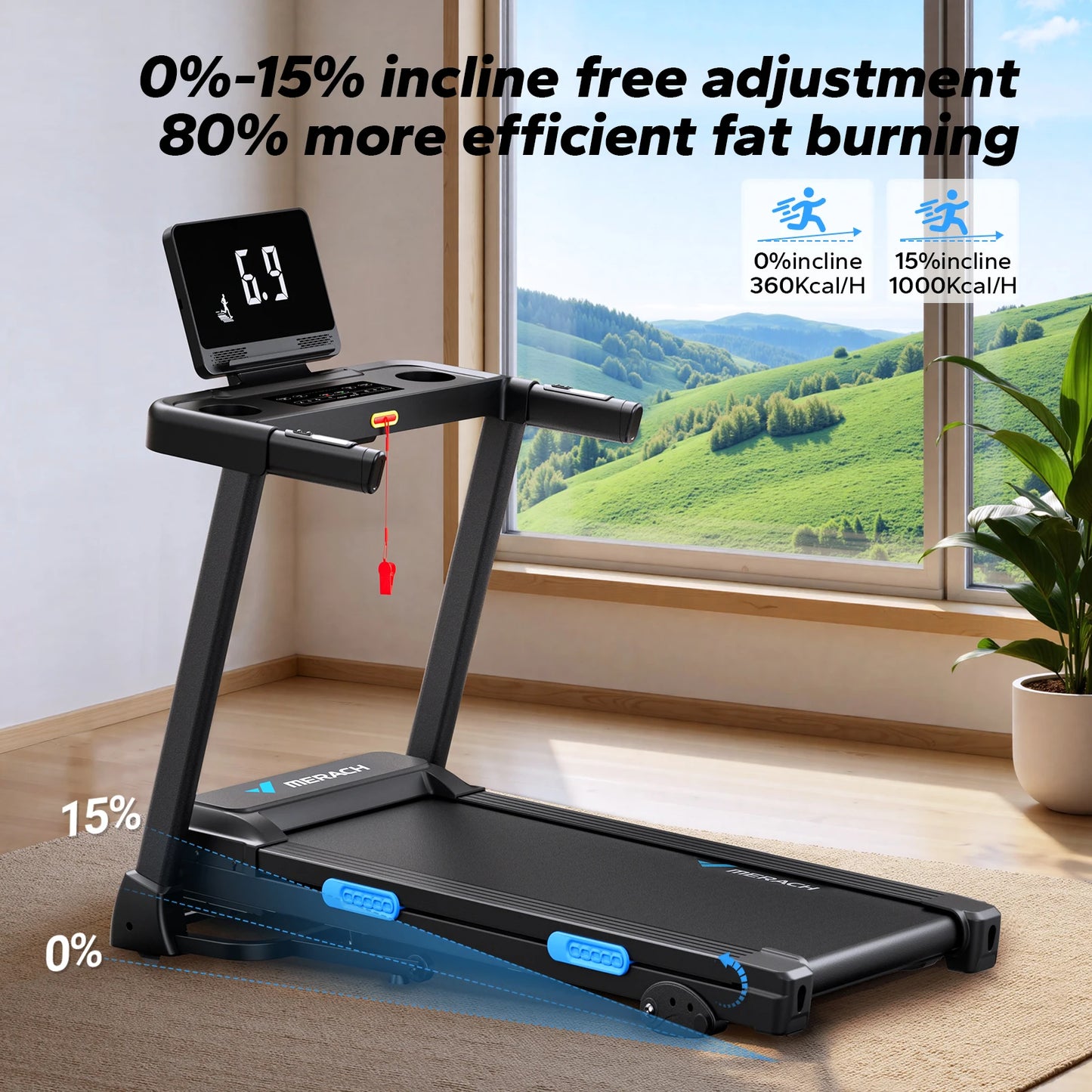 MERACH Foldable Treadmill T12 Incline Quiet Treadmills Double Deck Technology 4 Silicone Shock Cushion Heart Rate Monitoring