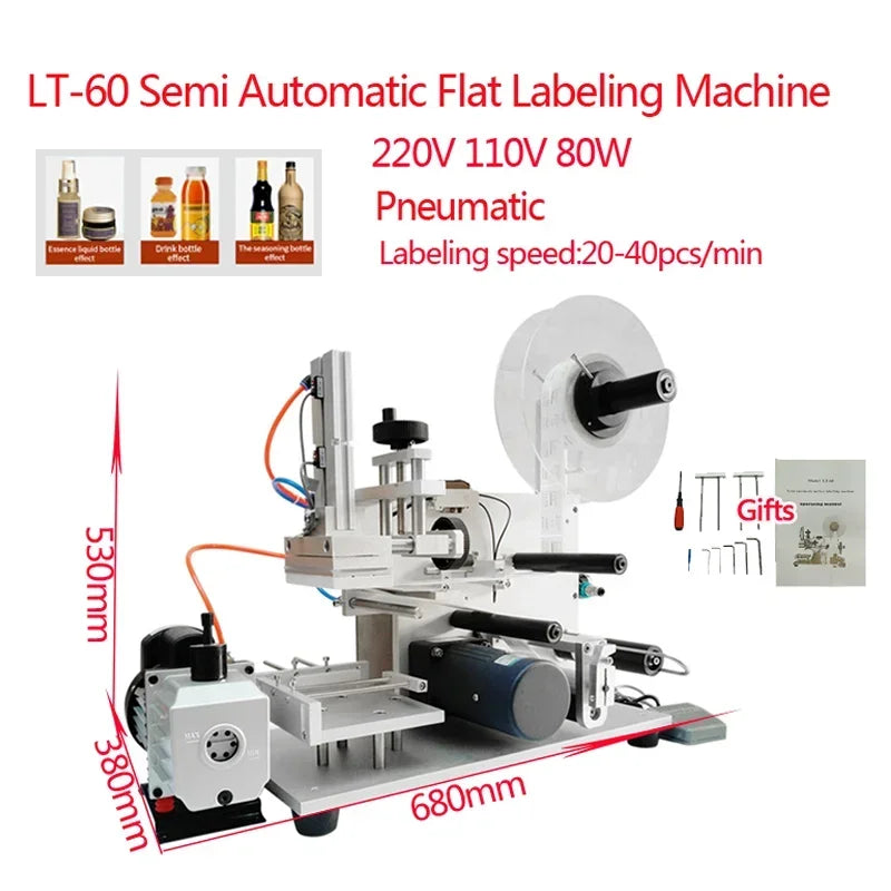 Semi-Automatic Pneumatic LT-60 Label Dispenser Equipment Flat Wrapping Machine for Jar Cans Bottles Newer Model Flat Labeling