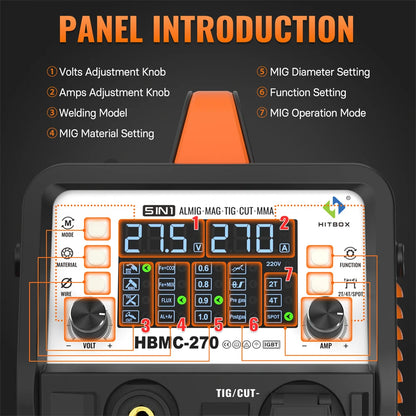 HITBOX 6 in 1 270A Aluminum Welding Machine MMA/Gas MIG/Gasless MIG/HF TIG/Cut Digital Screen 2T 4T Inverter Welder Stainless