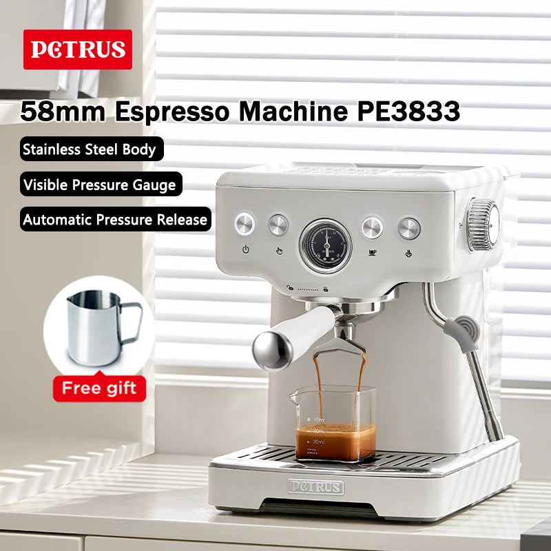 Petrus Espresso Coffee Machine Stainless Steel Coffee Maker With 58MM Portafilter Commercial Steam Wand Milk Frother(220V)
