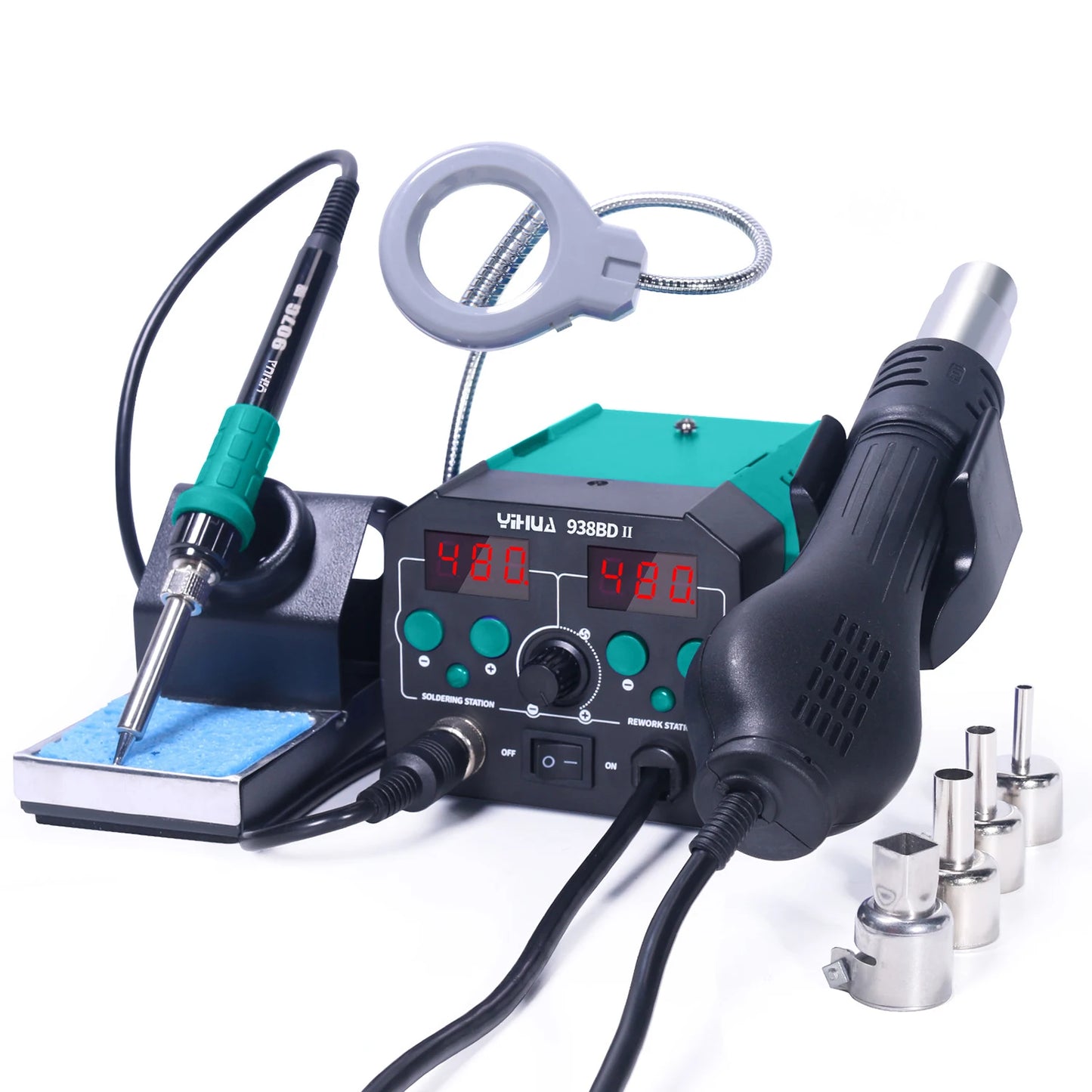 YIHUA 938BD-II 740W 2 in1 Soldering station with Hot Air handle And Soldering iron BGA Rework StationDesoldering Station LED Lam
