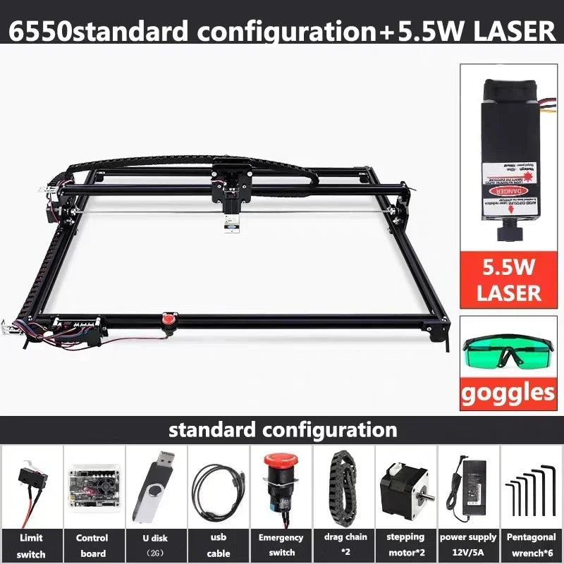 Black CNC 6550 2-Axis NEW CNC Engraving Machine Work Area 65*50cm 20w Laser Engraver With Emergency Stop For Cut Wood MDF