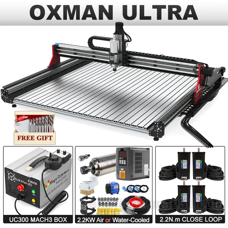 BulkMan3D OXMAN 4-Axis CNC Router Kit with Closed-Loop 20K Speed SFU1610 Ball Screw Dual Linear Rails for Metal Wood Plastic DIY