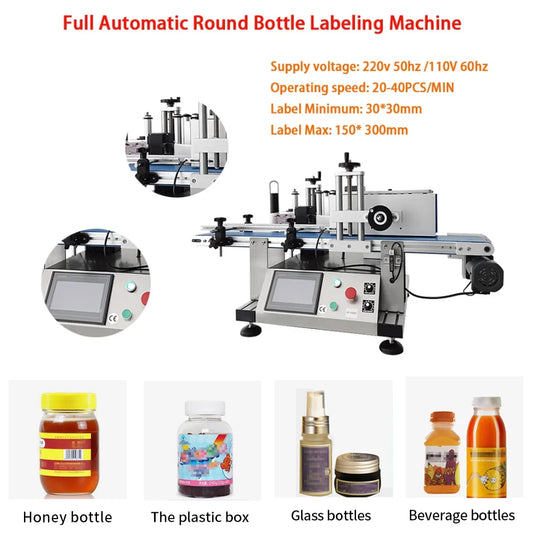 LY Round Plastic Bottle Labeling Sticker Machine Full-Automatic Touch Screen Optional Code Printer Function 220V 110V