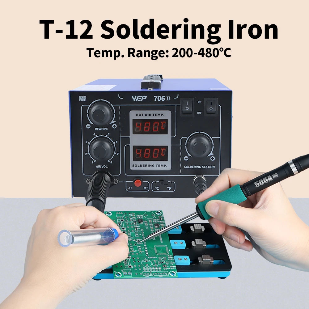 WEP T12 Soldering Station With Hot Air Gun Air Pump 2-in-1 Desoldering Reowrk Welding Iron Station For SMD PCB Repair Tool