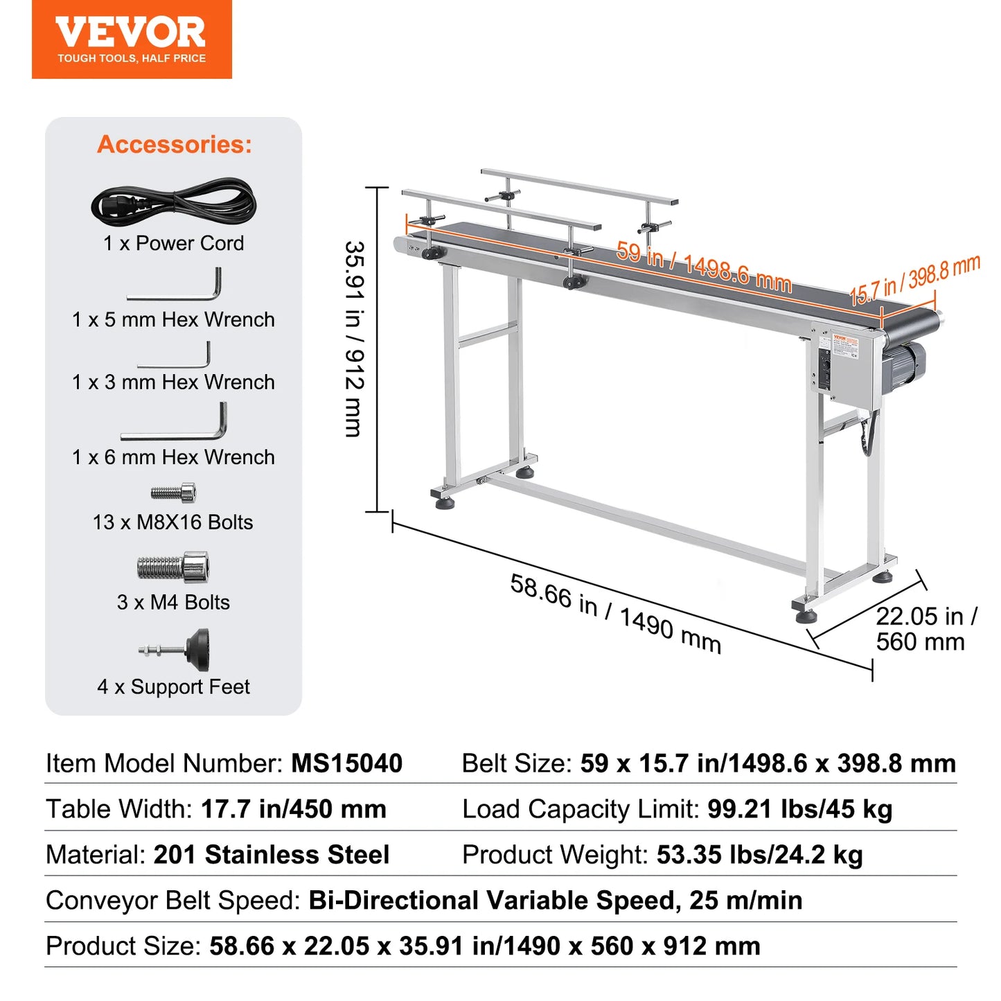 SucceBuy PVC Belt Conveyor Table Double Guardrail Stainless Steel Motorized Adjustable Speed for Factory Inkjet Coding Powered