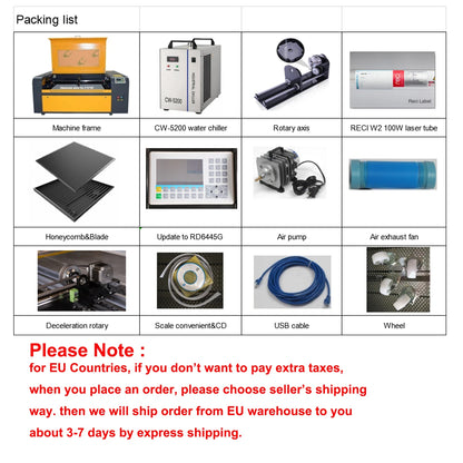 100W Laser Engraving Machine CO2 Laser Engraver 1080 Laser Cutting Machine CO2 Laser RECI W2 Tube Wood Fabrics Leather EU Stock