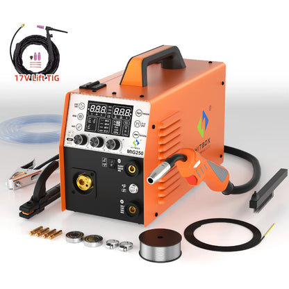 HITBOX 250A 6 in 1  Aluminum Welding Machine ARC MMA/MIG Gas Gasless/Lift TIG 2T 4T IGBT Inverter Semi-Automatic MIG Welder
