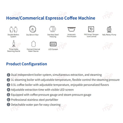 Rotary Pump Coffee Machine Home/commercial Espresso Coffee Maker 0.5L+ 1L Boliers PID Temperture Control Connect External Water