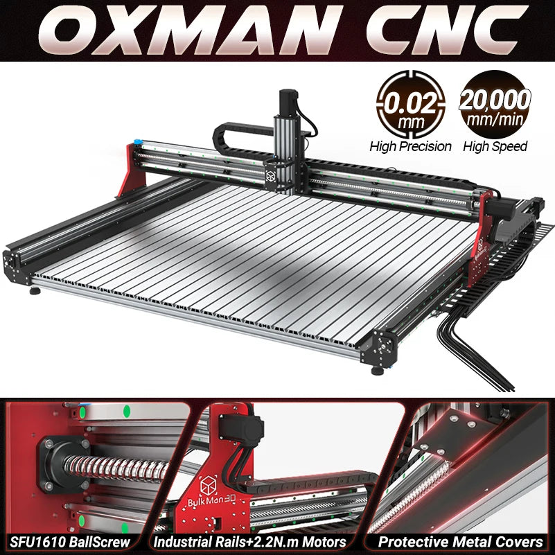 BulkMan3D OXMAN CNC Router Kit SFU1610 Ball Screw Dual Linear Rails 4-Axis Industrial Engraver for Metal Wood Acrylic Cutting
