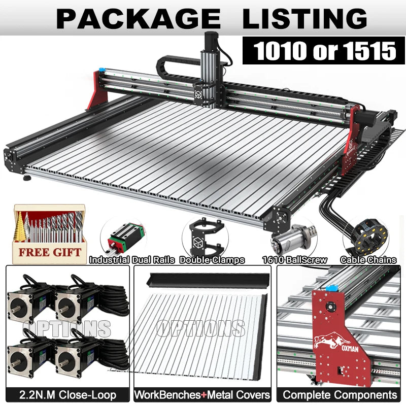 BulkMan3D OXMAN CNC Router Kit SFU1610 Ball Screw Dual Linear Rails 4-Axis Industrial Engraver for Metal Wood Acrylic Cutting