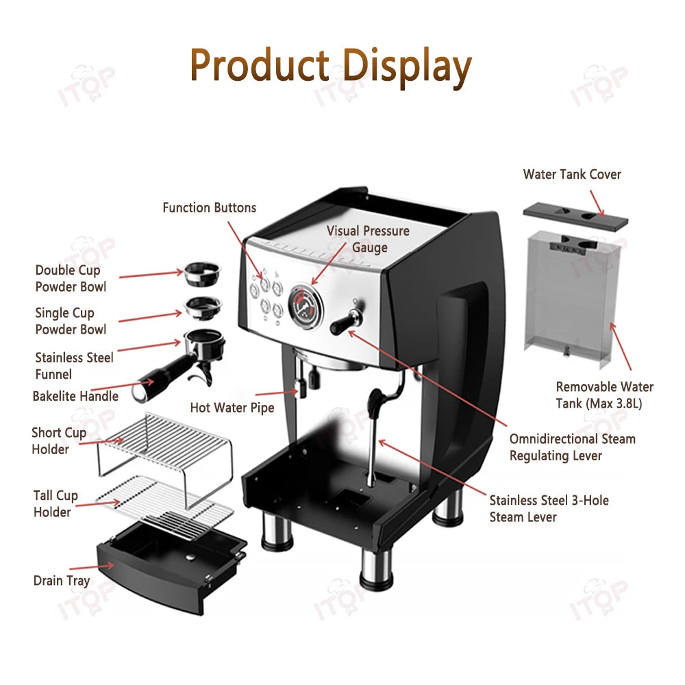 ITOP CM-808 9Bar Commercial Espresso Coffee Maker 2 ULKA Pump 3 Boilers PID Temperature Control Semi-automatic Coffee Machine