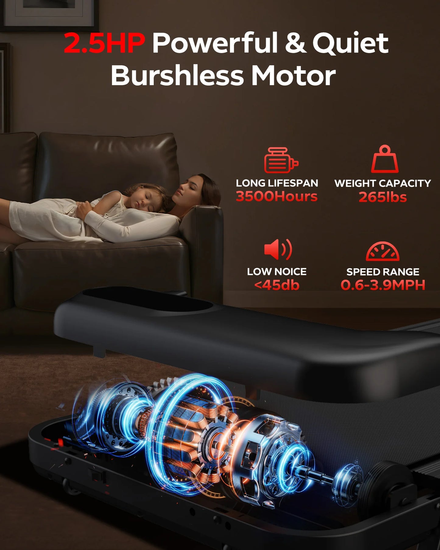 2.5 HP Incline Under-Desk Treadmill, Triple Knee Protection, with App and Remote Controls