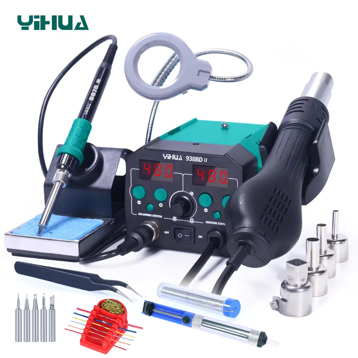 YIHUA 938BD-II 740W 2 in1 Soldering station with Hot Air handle And Soldering iron BGA Rework StationDesoldering Station LED Lam