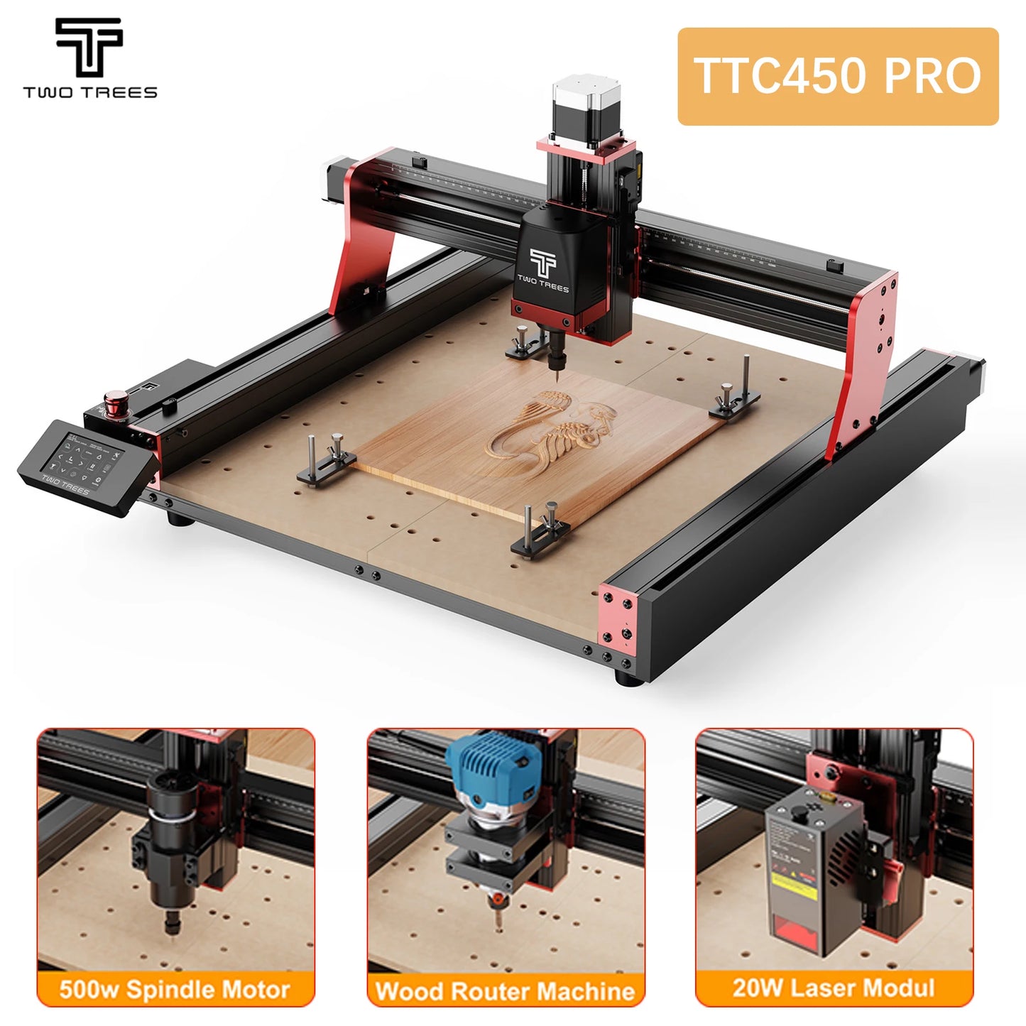 Twotrees TTC450 PRO 3-Axis/4-Axis CNC Router Milling Cutting Machine GRBL Laser Engraver For Wood Acrylic PCB PVC MDF Metal