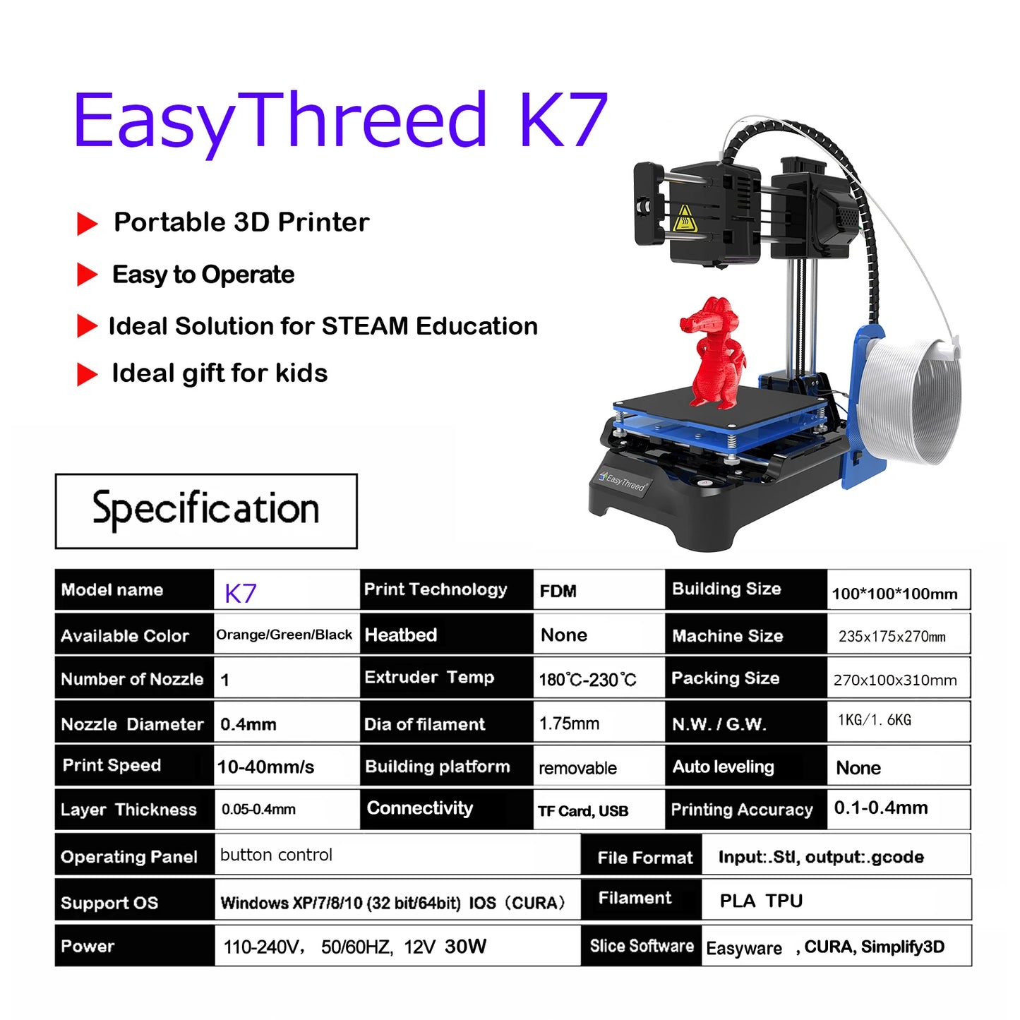 EasyThreed K7  Mini 3D Printer  Easy to Use Entry Level Toy  Gift 3D Printer FDM TPU PLA Filament 1.75mm Black
