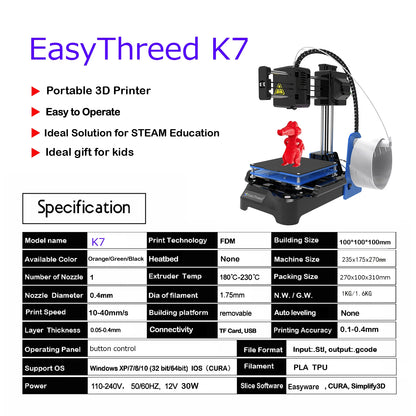 EasyThreed K7  Mini 3D Printer  Easy to Use Entry Level Toy  Gift 3D Printer FDM TPU PLA Filament 1.75mm Black
