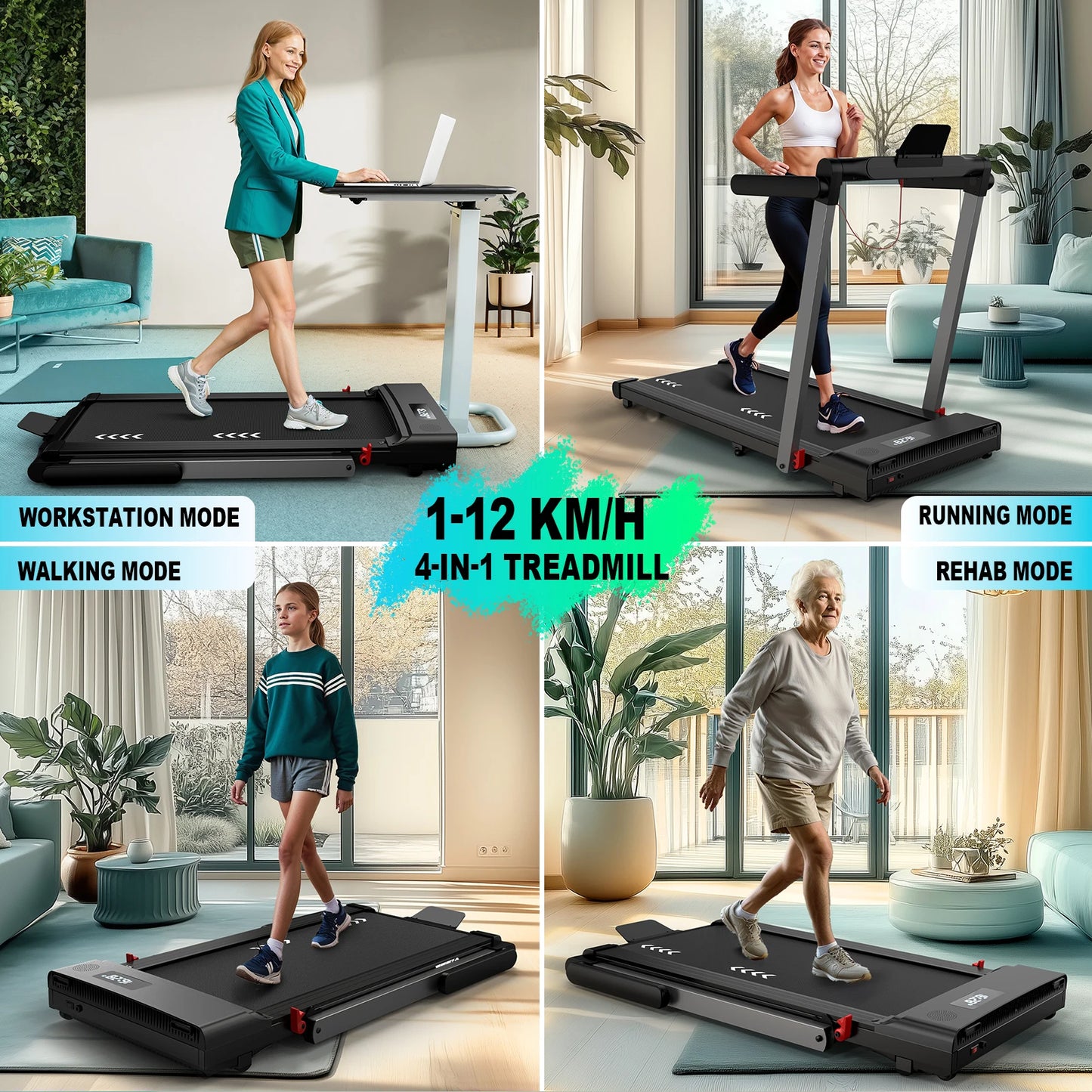 FYSIQ Treadmill for Home Use, 2.25Hp Motor, Speed 1-12Km/H, 7-Layer Running Surface, No Assembly Required