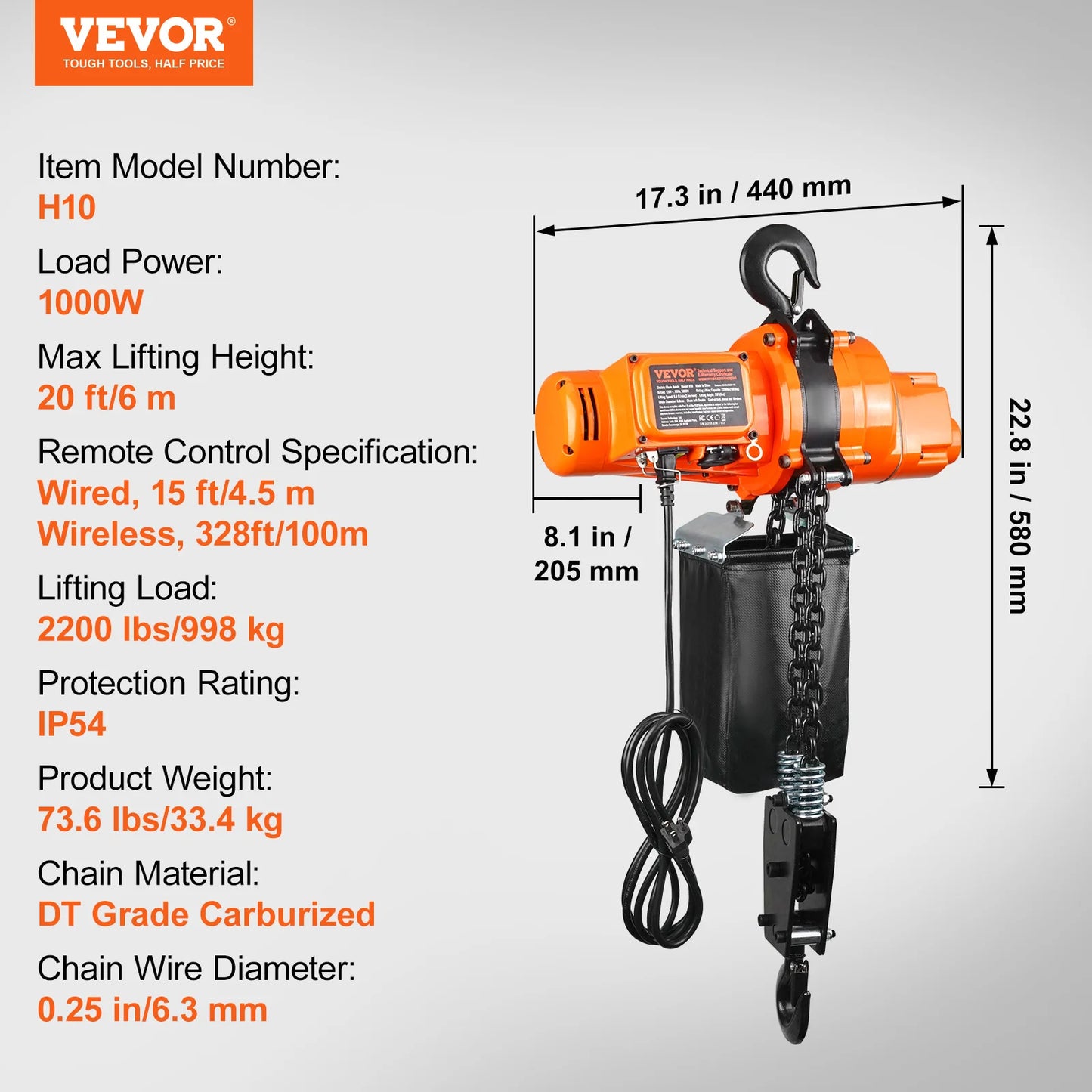 SucceBuy 2200 lbs Electric Chain Hoist 6.9 ft/min Single Phase Overhead Crane with Chain 328 ft Wireless & 15ft Wired for Garage