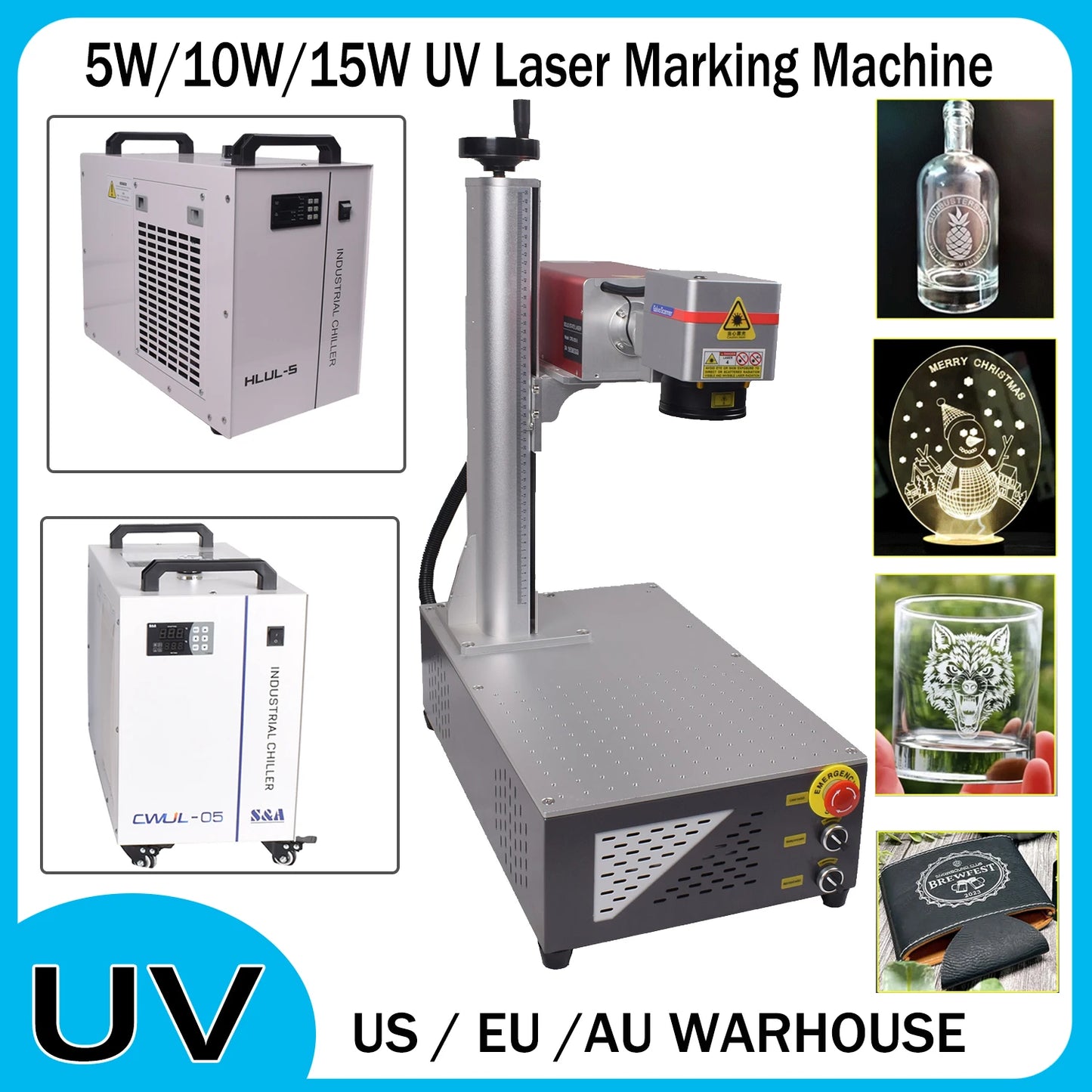 15W 10W 5W UV Laser Marking Machine for Glass Crystal Metal Plastic Wood UV Laser Engraving Machine Water Chiller Laser Engraver