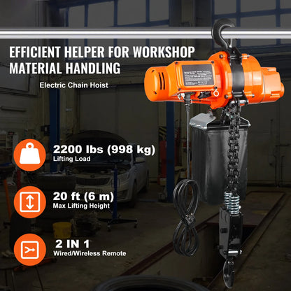 SucceBuy 2200 lbs Electric Chain Hoist 6.9 ft/min Single Phase Overhead Crane with Chain 328 ft Wireless & 15ft Wired for Garage
