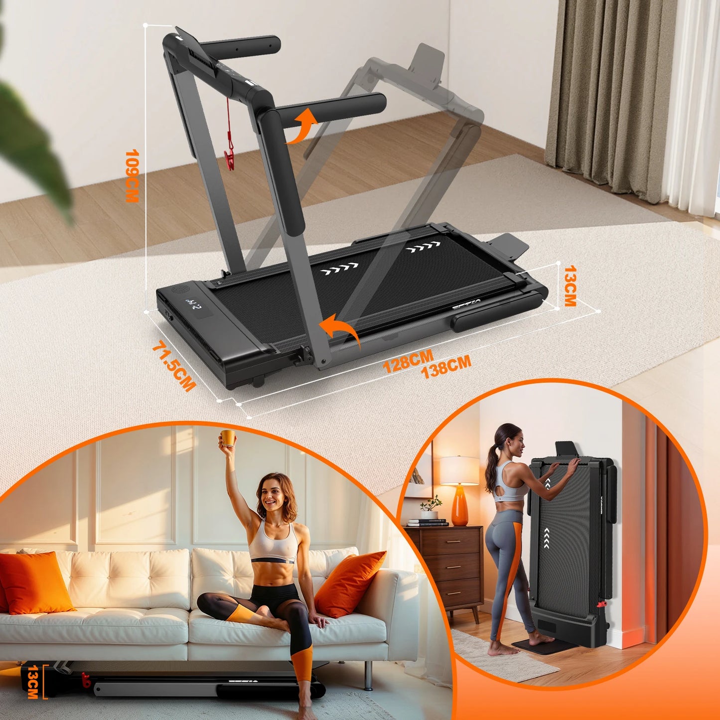 Mettlematic 2-in-1 Treadmill for Home, 12 Km/H, Dual Led Display, 12 Programs, Foldable, Shock-Absorbing, App Compatible, 2-Year