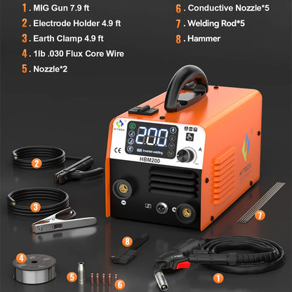 HITBOX Non Gas Semi-automatic Welding Machine 3 in 1 MIG/LIFT TIG/MMA Inverter Welder Synergy Tool For Gasless Soldering HBM200
