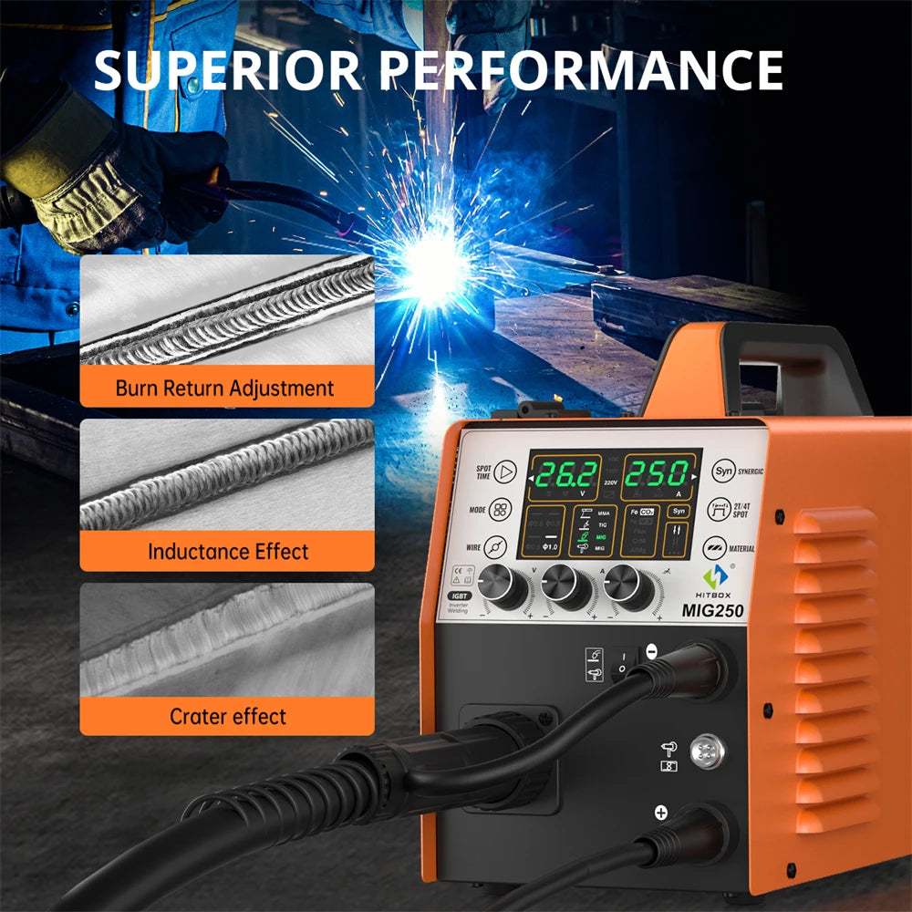 HITBOX 250A 6 in 1  Aluminum Welding Machine ARC MMA/MIG Gas Gasless/Lift TIG 2T 4T IGBT Inverter Semi-Automatic MIG Welder