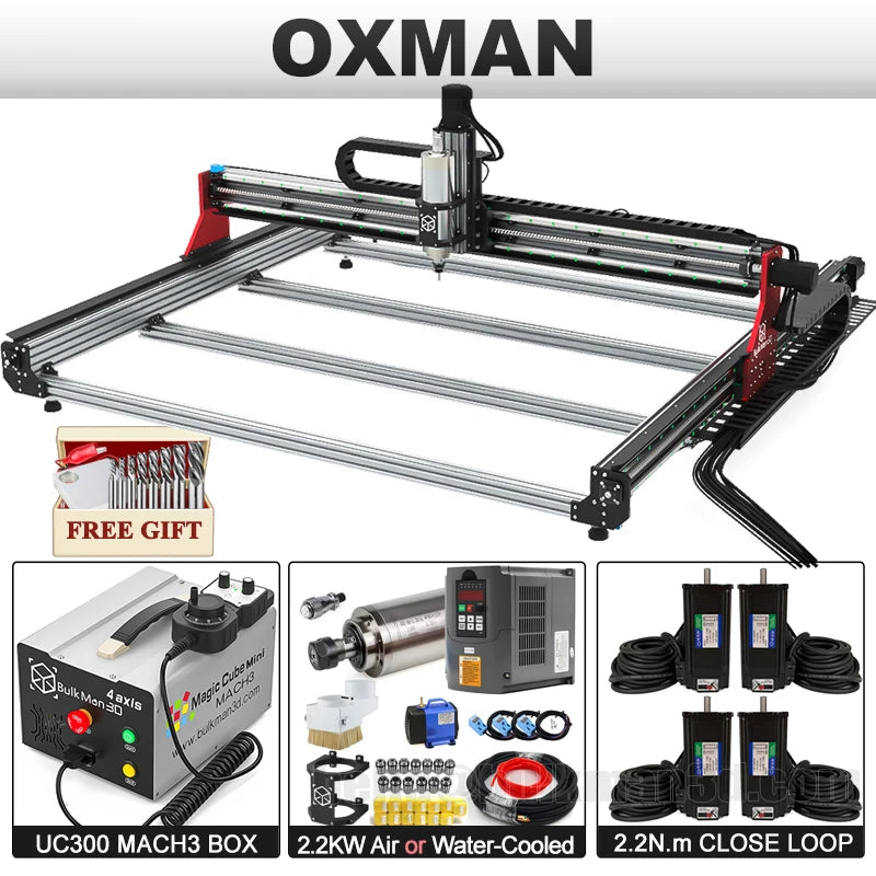 BulkMan3D OXMAN 4-Axis CNC Router Kit with Closed-Loop 20K Speed SFU1610 Ball Screw Dual Linear Rails for Metal Wood Plastic DIY