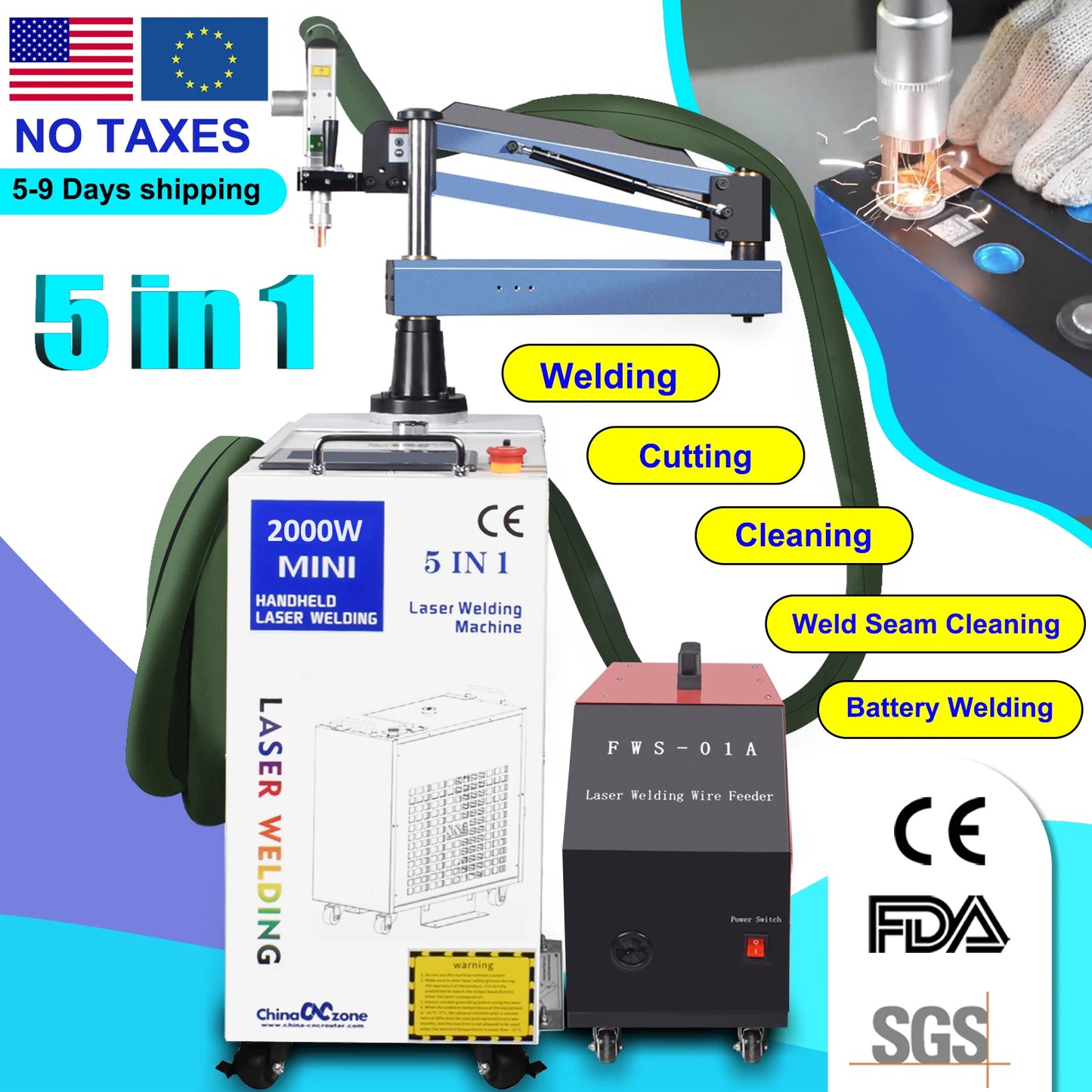 2000W New Energy Battery Welding 5 in 1 Fiber Laser Welding Cleaning Cutting Welding Machine Handheld Laser Welder for Metal
