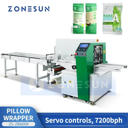 ZONESUN Automatic Pillow Packaging Machine Food Vegetables Fruits Horizontal Flow Wrapper Pouch Packing  ZS-ZB600X
