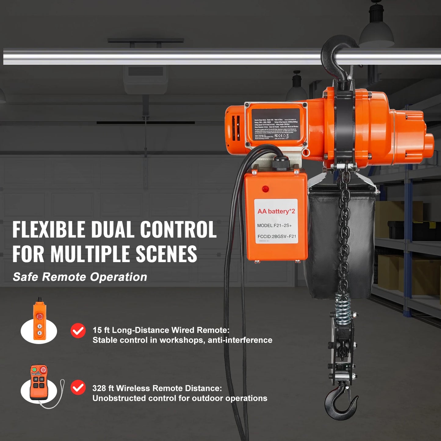 SucceBuy 2200 lbs Electric Chain Hoist 6.9 ft/min Single Phase Overhead Crane with Chain 328 ft Wireless & 15ft Wired for Garage