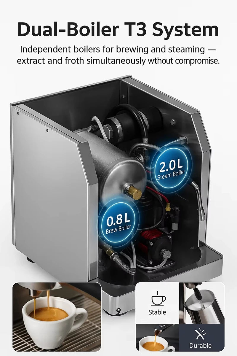 CAFOVO E003 9Bar Commercial Espresso Machine Dual Boiler Rotary Pump PID Control for Café Built-in flow Meter 220V 110V