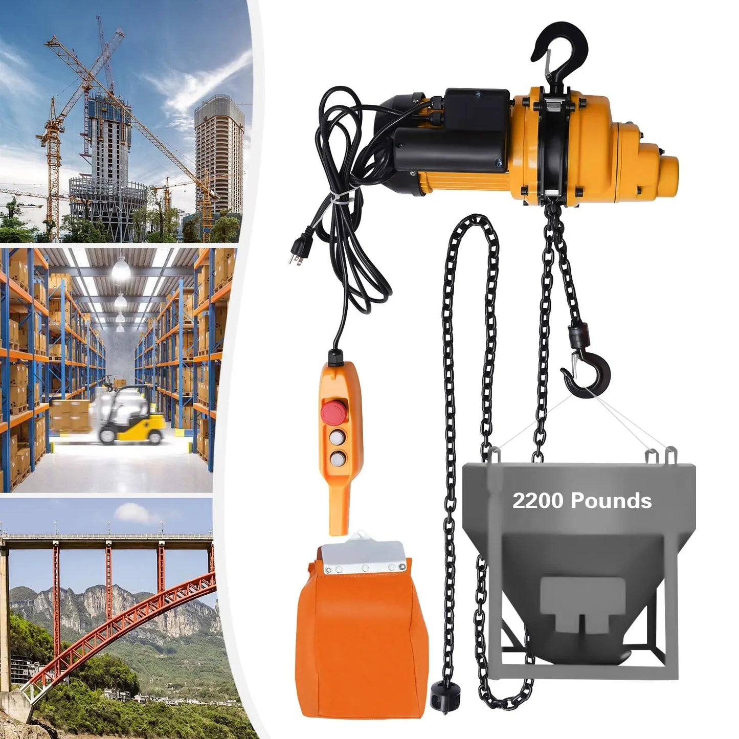 1 Ton Single Phase Overhead Crane 2200lbs Electric Chain Hoist, w/ DT Grade Carburized Double Chain 20 ft Lifting Height