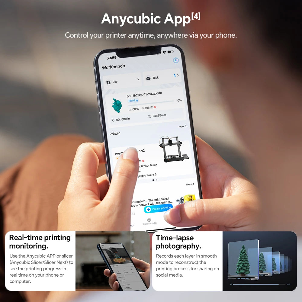 ANYCUBIC Kobra 3 V2 Combo AE Version 600mm/s Fast Printing 3D Printer Up to 8 Colors Filament Auto Drying APP Control 3D Printer