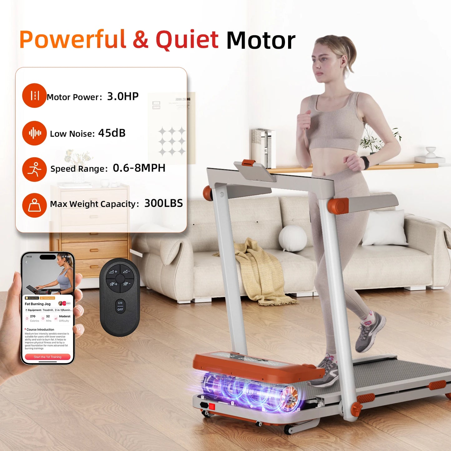 Treadmill for Home 3.0 HP Treadmills 9% Incline Smart App Heart Rate Sensors LCD Digital Display Foldable Armrest Walking Pad
