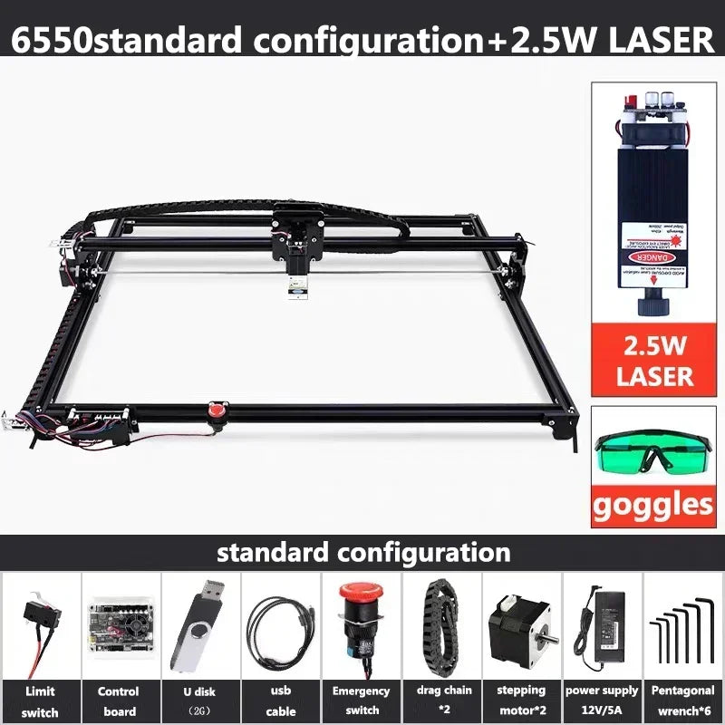 Black CNC 6550 2-Axis NEW CNC Engraving Machine Work Area 65*50cm 20w Laser Engraver With Emergency Stop For Cut Wood MDF