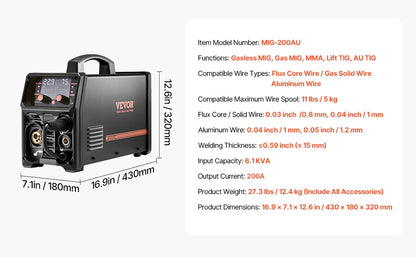 SucceBuy 5-in-1 MIG Welder 200Amp Pluse Mig Welding Machine Gas MIG/Flux Core MIG/Stick/Lift TIG/AU TIG with LCD Screen Display