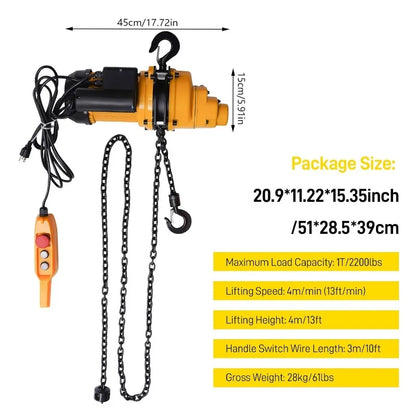 Electric Chain Hoist Winch 1Ton - 2200Lbs Chain Electric Lift Hoist Single Phase Overhead Crane Hoist Max Lift Height 13Ft 110V