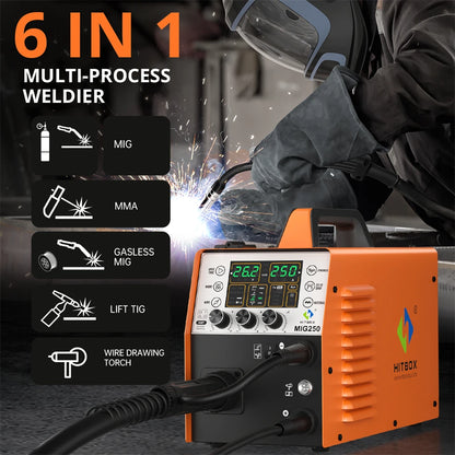 HITBOX 250A 6 in 1  Aluminum Welding Machine ARC MMA/MIG Gas Gasless/Lift TIG 2T 4T IGBT Inverter Semi-Automatic MIG Welder