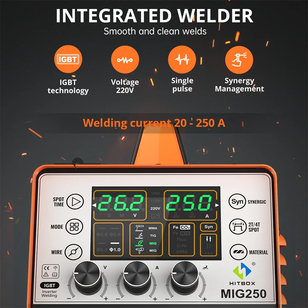 HITBOX 250A 6 in 1  Aluminum Welding Machine ARC MMA/MIG Gas Gasless/Lift TIG 2T 4T IGBT Inverter Semi-Automatic MIG Welder
