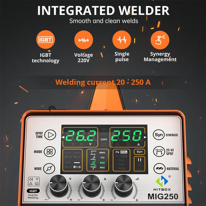 HITBOX 250A 6 in 1  Aluminum Welding Machine ARC MMA/MIG Gas Gasless/Lift TIG 2T 4T IGBT Inverter Semi-Automatic MIG Welder