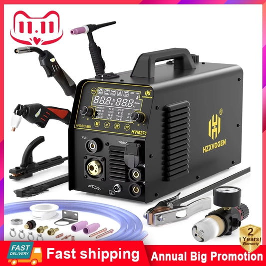 HZXVOGEN HVM270 6 in 1 Aluminum Welding Machine Cut/Gas MIG/Gasless MIG/HF TIG/MMA Digital Screen 2/4T Inverter Welder Stainless