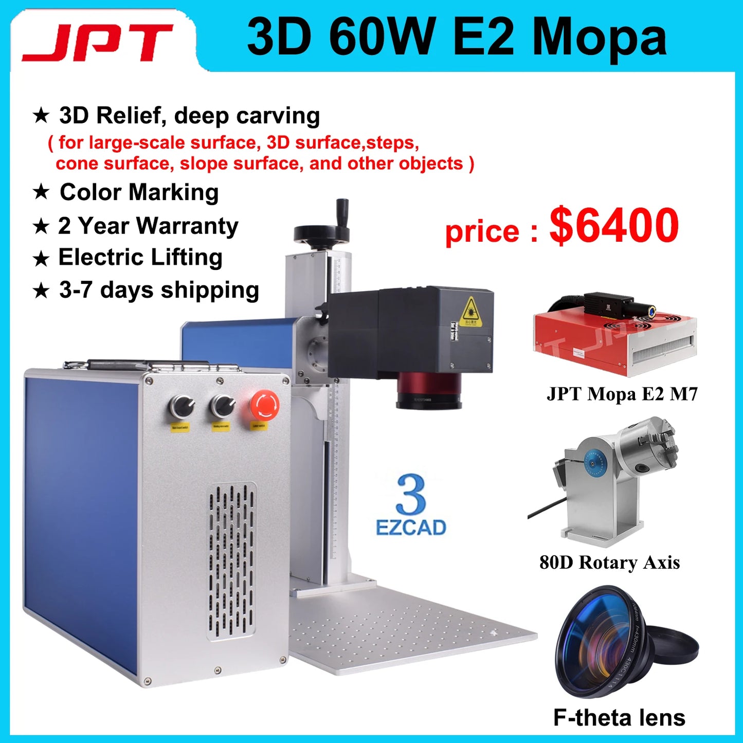 2.5D 300W Fiber Laser Marking Machine 200W JPT Mopa 3D Relief Laser Deep Engraving Ezcad3 Cutting Jewelry Engraving Metal 100W