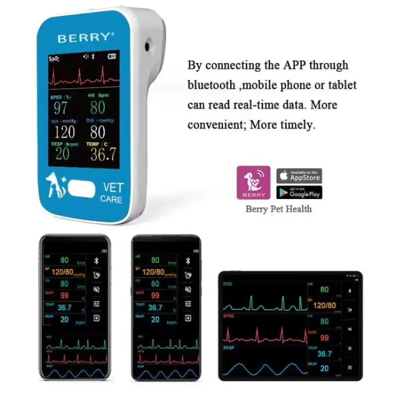BERRY AM6200 Bluetooth Veterinary 6-Parameter Monitor-For Pet Clinic with Li-Battery, Blood Pressure, ECG, HR, Spo2, PR, Temp
