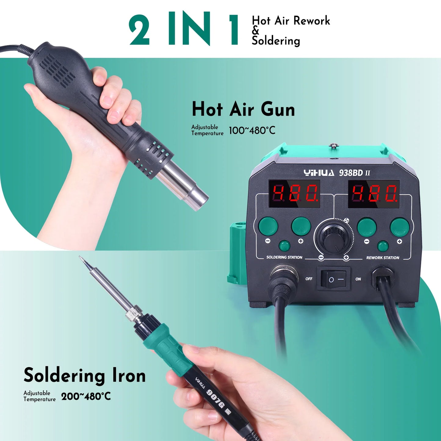 YIHUA 938BD-II 740W 2 in1 Soldering station with Hot Air handle And Soldering iron BGA Rework StationDesoldering Station LED Lam